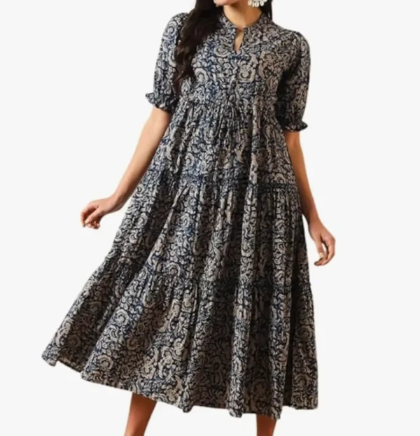 Women's Fit and Flare Pure Cotton Long Maxi Dress (Blue)
